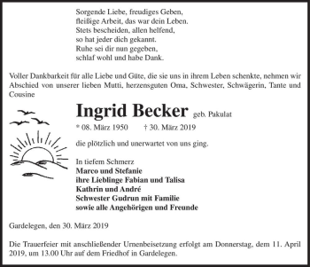 Traueranzeige von Ingrid Becker (geb. Pakulat)  von Magdeburger Volksstimme