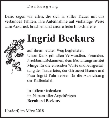 Traueranzeige von Ingrid Beckurs  von Magdeburger Volksstimme