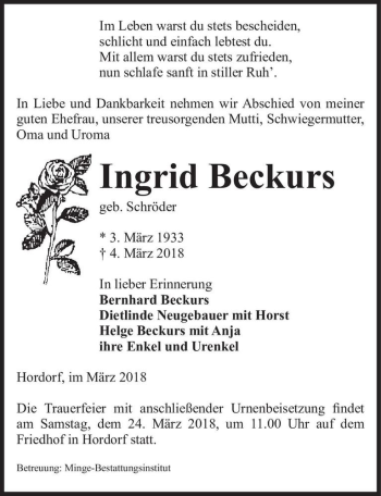 Traueranzeige von Ingrid Beckurs (geb. Schröder)  von Magdeburger Volksstimme