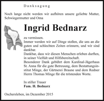 Traueranzeige von Ingrid Bednarz  von Magdeburger Volksstimme