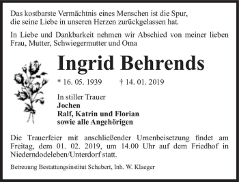 Traueranzeige von Ingrid Behrends  von Magdeburger Volksstimme