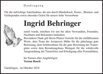 Traueranzeige von Ingrid Behringer  von Magdeburger Volksstimme
