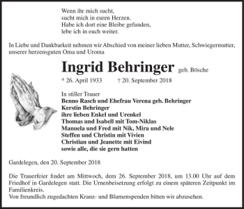 Traueranzeige von Ingrid Behringer (geb. Bösche)  von Magdeburger Volksstimme