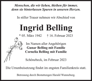 Traueranzeige von Ingrid Belling  von Magdeburger Volksstimme