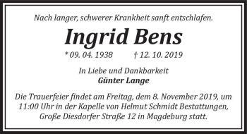 Traueranzeige von Ingrid Bens  von Magdeburger Volksstimme