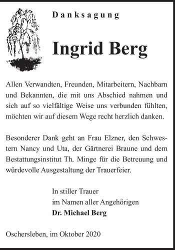 Traueranzeige von Ingrid Berg  von Magdeburger Volksstimme