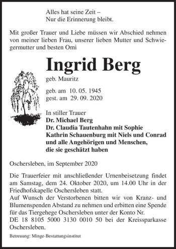 Traueranzeige von Ingrid Berg (geb. Mauritz)  von Magdeburger Volksstimme
