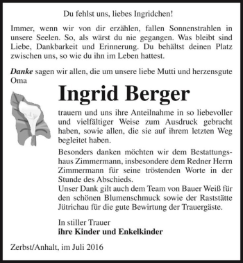 Traueranzeige von Ingrid Berger  von Magdeburger Volksstimme