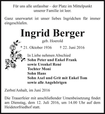 Traueranzeige von Ingrid Berger (geb. Hoerold)  von Magdeburger Volksstimme