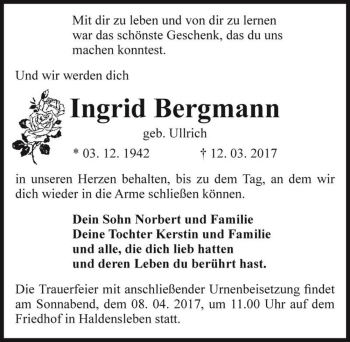 Traueranzeige von Ingrid Bergmann (geb. Ullrich)  von Magdeburger Volksstimme