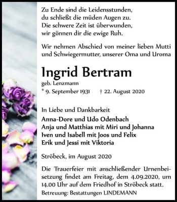 Traueranzeige von Ingrid Bertram (geb. Lenzmann)  von Magdeburger Volksstimme