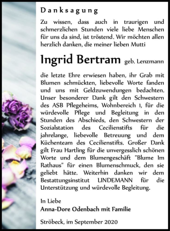 Traueranzeige von Ingrid Bertram (geb. Lenzmann)  von Magdeburger Volksstimme