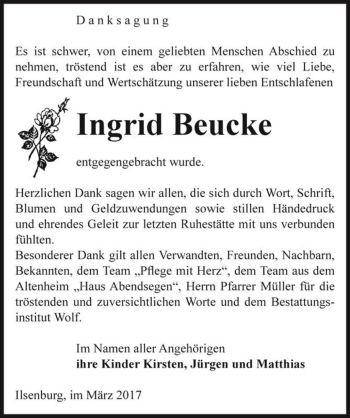 Traueranzeige von Ingrid Beucke  von Magdeburger Volksstimme