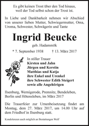 Traueranzeige von Ingrid Beucke (geb. Hadammök)  von Magdeburger Volksstimme