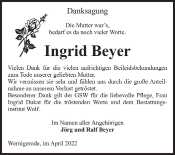 Traueranzeige von Ingrid Beyer  von Magdeburger Volksstimme