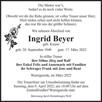 Traueranzeige von Ingrid Beyer (geb. Keune)  von Magdeburger Volksstimme