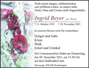 Traueranzeige von Ingrid Beyer (geb. Wende)  von Magdeburger Volksstimme