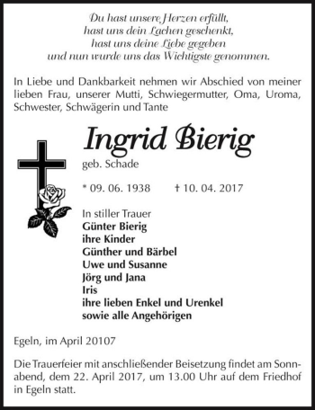 Traueranzeige von Ingrid Bierig (geb. Schade)  von Magdeburger Volksstimme