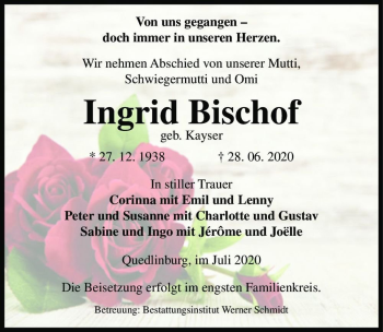 Traueranzeige von Ingrid Bischof (geb. Kayser)  von Magdeburger Volksstimme
