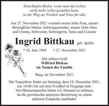 Traueranzeige von Ingrid Bittkau (geb. Spiller)  von Magdeburger Volksstimme