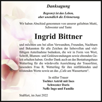 Traueranzeige von Ingrid Bittner  von Magdeburger Volksstimme