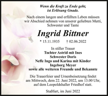 Traueranzeige von Ingrid Bittner  von Magdeburger Volksstimme