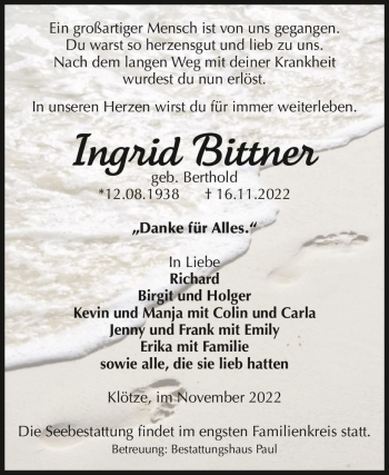 Traueranzeige von Ingrid Bittner (geb. Berthold)  von Magdeburger Volksstimme