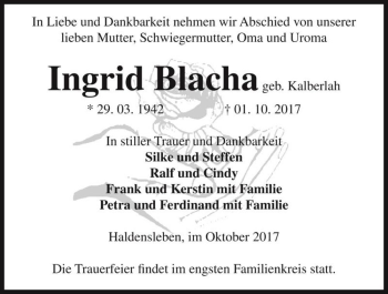 Traueranzeige von Ingrid Blacha (geb. Kalberlah)  von Magdeburger Volksstimme