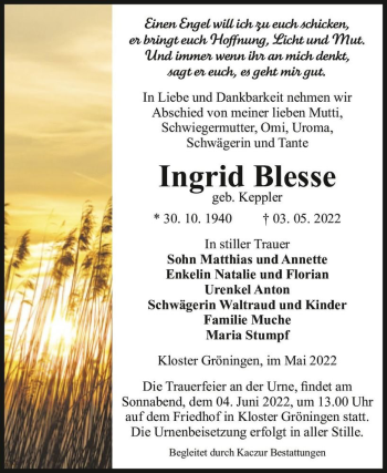 Traueranzeige von Ingrid Blesse (geb. Keppler)  von Magdeburger Volksstimme