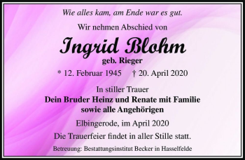 Traueranzeige von Ingrid Blohm (geb. Rieger)  von Magdeburger Volksstimme