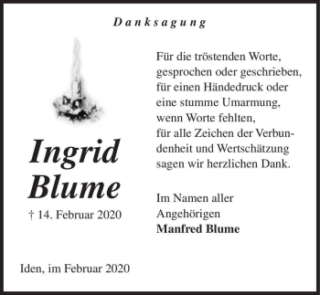 Traueranzeige von Ingrid Blume  von Magdeburger Volksstimme