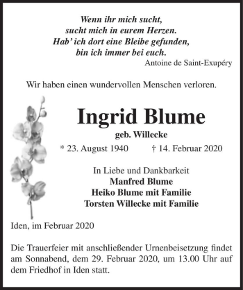 Traueranzeige von Ingrid Blume (geb. Willecke)  von Magdeburger Volksstimme