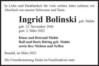 Traueranzeige von Ingrid Bolinski (geb. Mahlo)  von Magdeburger Volksstimme