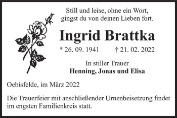 Traueranzeige von Ingrid Brattka  von Magdeburger Volksstimme