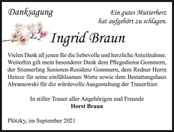 Traueranzeige von Ingrid Braun  von Magdeburger Volksstimme