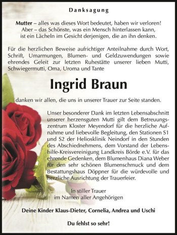 Traueranzeige von Ingrid Braun  von Magdeburger Volksstimme