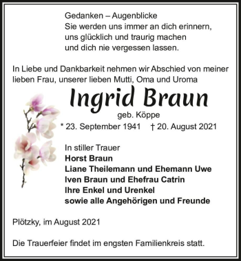 Traueranzeige von Ingrid Braun (geb. Köppe)  von Magdeburger Volksstimme