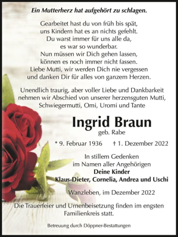 Traueranzeige von Ingrid Braun (geb. Rabe)  von Magdeburger Volksstimme