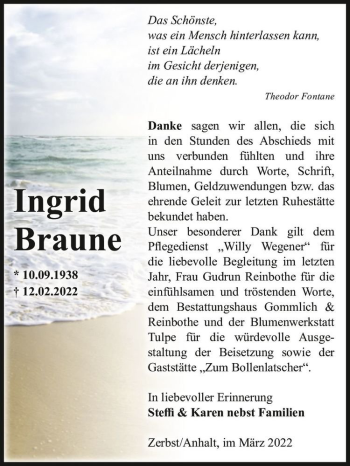 Traueranzeige von Ingrid Braune  von Magdeburger Volksstimme
