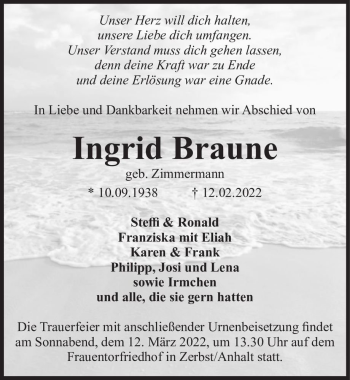 Traueranzeige von Ingrid Braune (geb. Zimmermann)  von Magdeburger Volksstimme