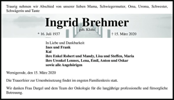Traueranzeige von Ingrid Brehmer (geb. Klohs)  von Magdeburger Volksstimme