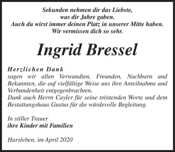 Traueranzeige von Ingrid Bressel  von Magdeburger Volksstimme