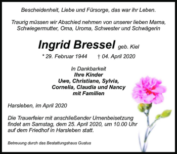 Traueranzeige von Ingrid Bressel (geb. Kiel)  von Magdeburger Volksstimme