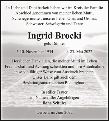 Traueranzeige von Ingrid Brocki (geb. Dümler)  von Magdeburger Volksstimme