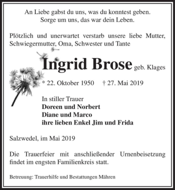 Traueranzeige von Ingrid Brose (geb. Klages)  von Magdeburger Volksstimme