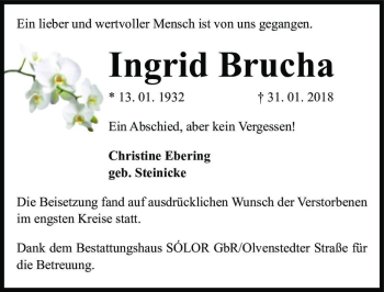 Traueranzeige von Ingrid Brucha  von Magdeburger Volksstimme