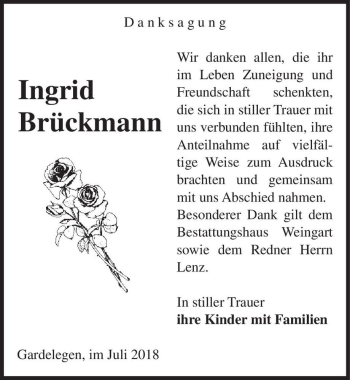 Traueranzeige von Ingrid Brückmann  von Magdeburger Volksstimme