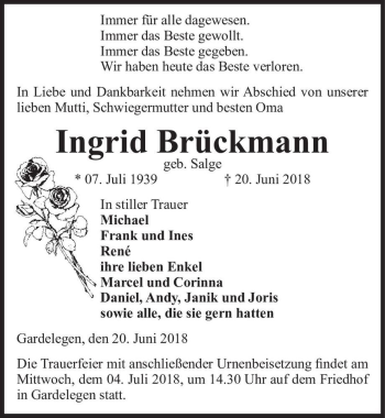 Traueranzeige von Ingrid Brückmann (geb. Salge)  von Magdeburger Volksstimme