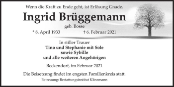 Traueranzeige von Ingrid Brüggemann (geb. Bosse)  von Magdeburger Volksstimme