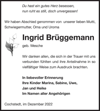 Traueranzeige von Ingrid Brüggemann (geb. Wesche)  von Magdeburger Volksstimme